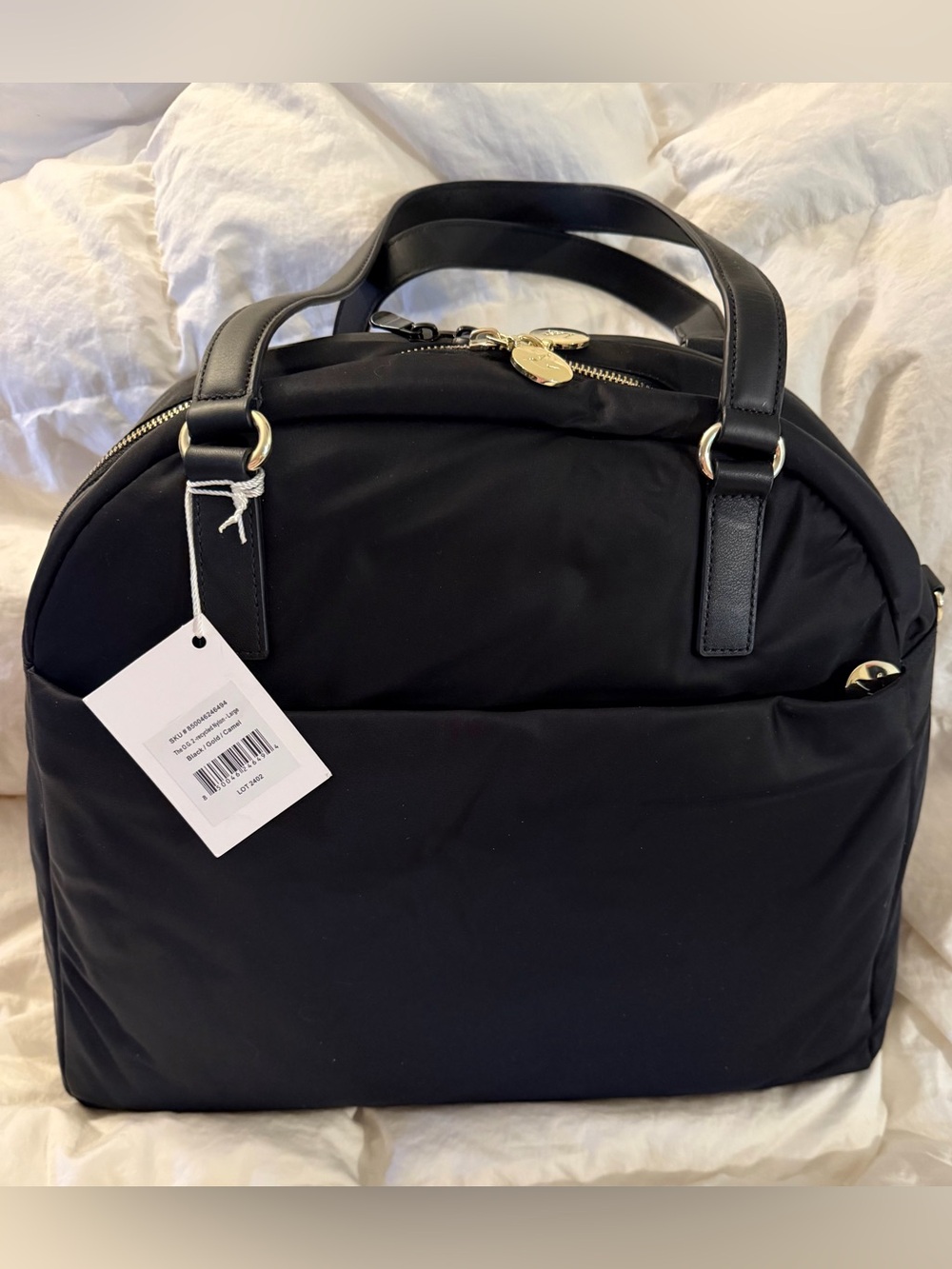 Lo & Sons Size LARGE Black Tote with Gold Hardware and Camel Interior. NWT